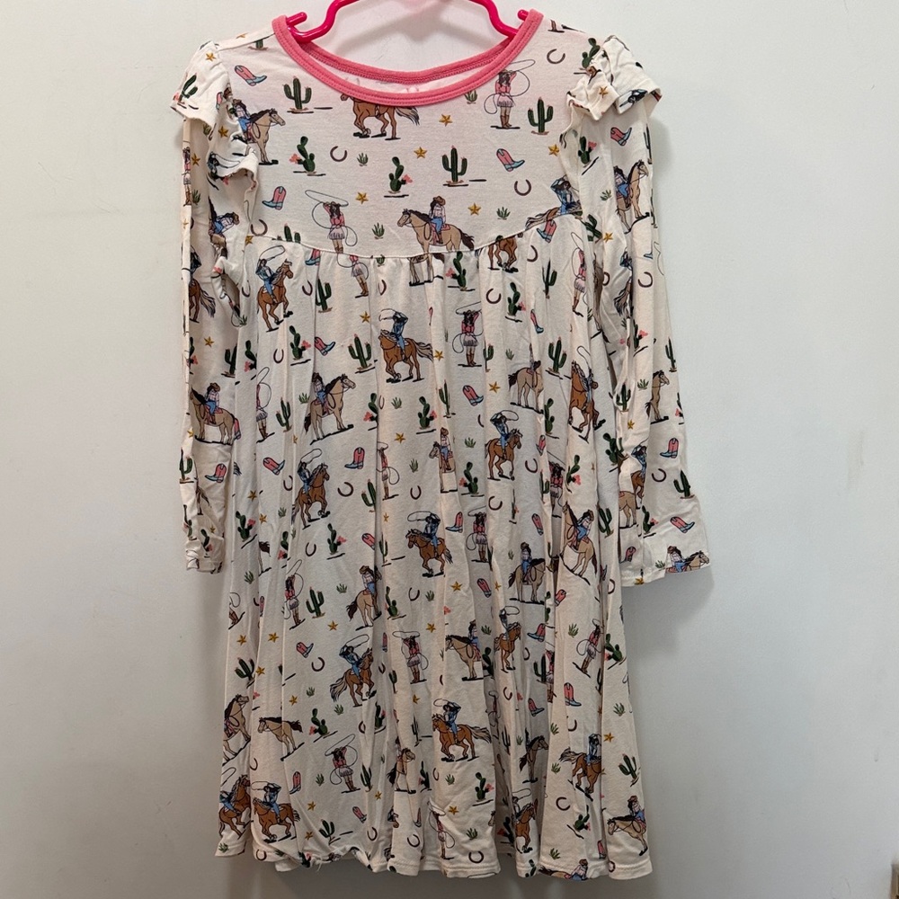 Girls' Cream Cowboy Print Long-Sleeve Dress with Pink Trim